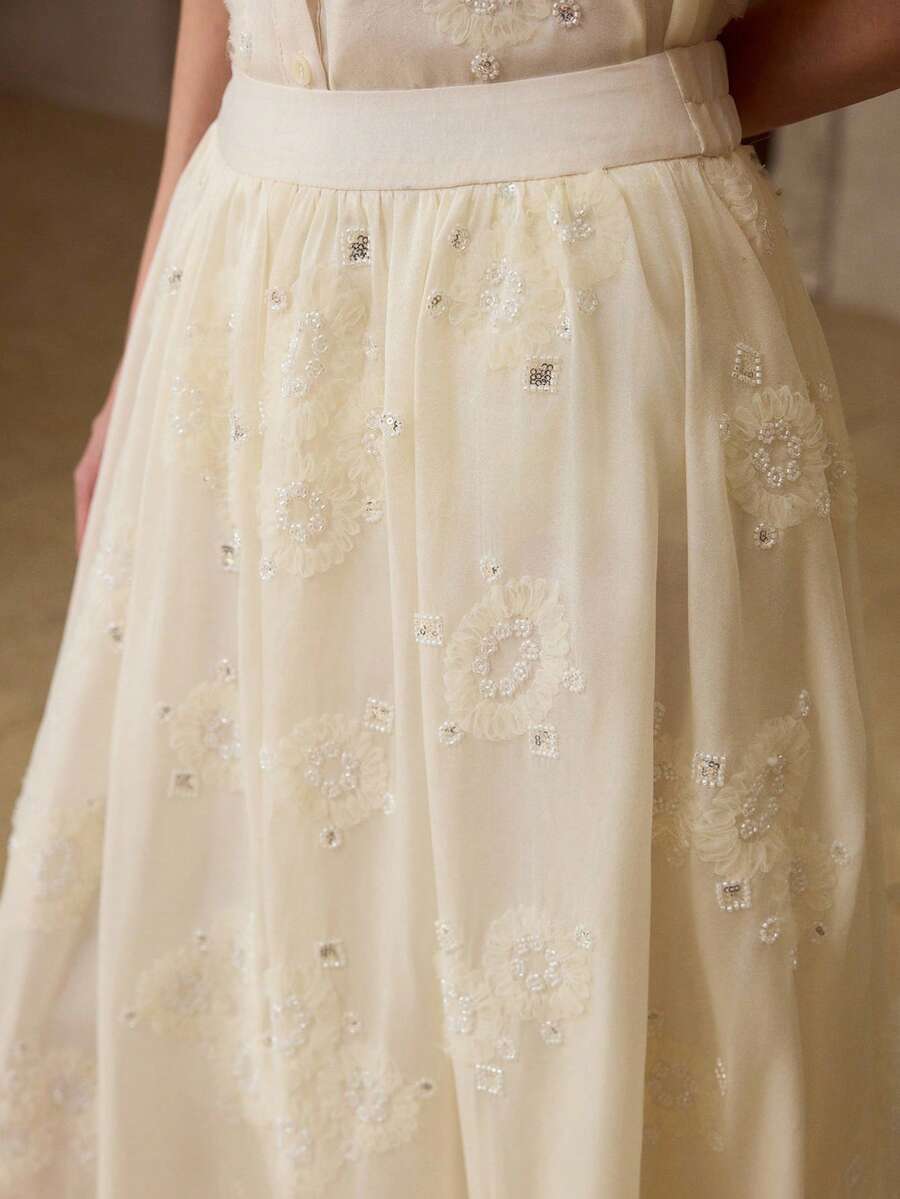 MOTF PREMIUM SPRING/SUMMER NEW BEADED EMBROIDERY PATCHWORK FABRIC A-LINE SKIRT, CLASSIC VERSATILE WOMEN'S SKIRT - Apricot - View 2
