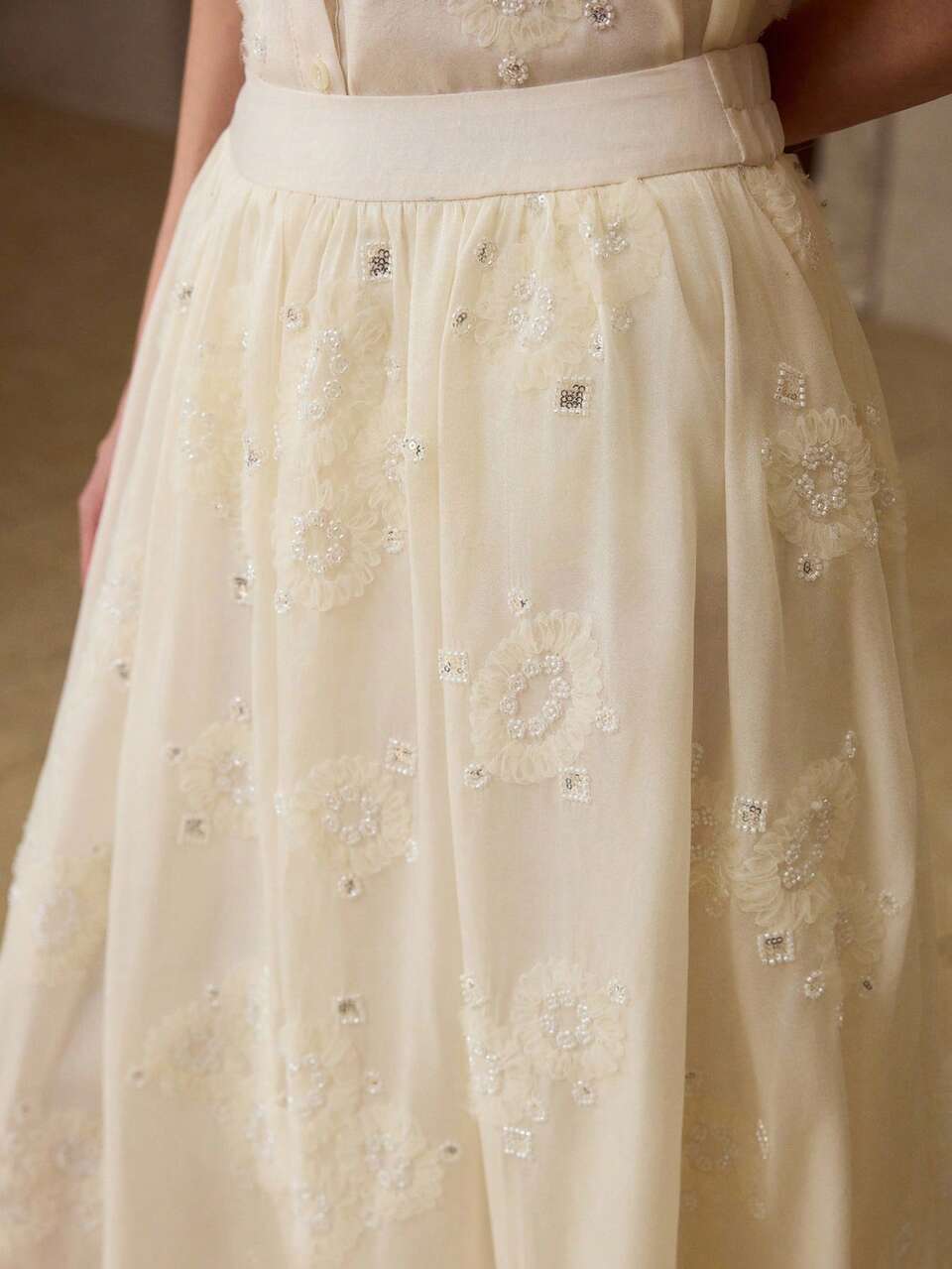 SPRING/SUMMER NEW BEADED EMBROIDERY PATCHWORK FABRIC A-LINE SKIRT, CLASSIC VERSATILE WOMEN'S SKIRT
