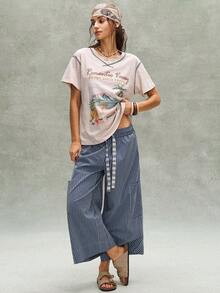 Bohemela Áo thun nữ dệt kim cổ tròn tay ngắn dáng rộng, màu trơn, kiểu dáng thường ngày - Màu be - Xem 7