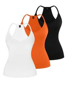 SHEIN LUNE Plus Size Casual V-Neck Sports 3 Pieces Set,Including White Sommar Gym Tank Top Racerback Women's Basic Vest Multipack Workout Tops - Multicolor - View 1