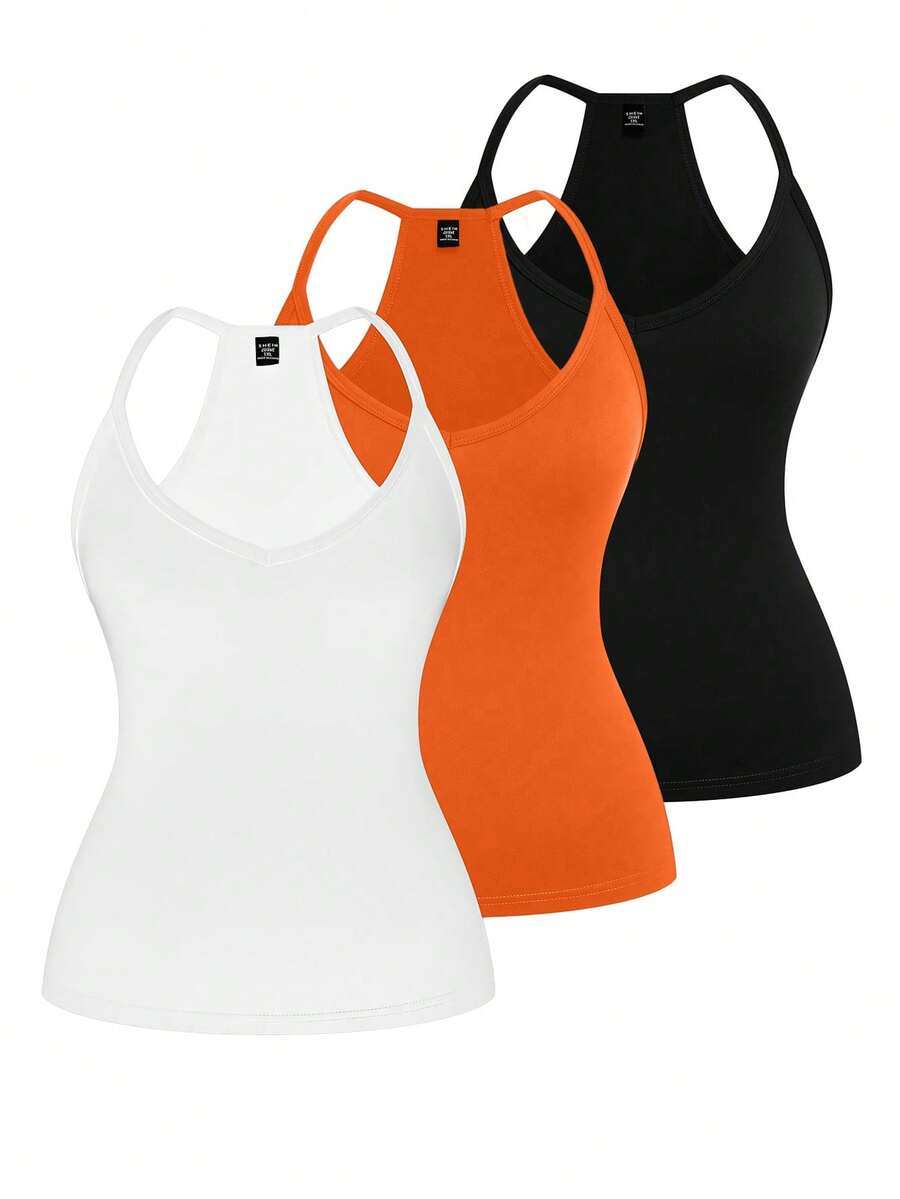SHEIN LUNE Plus Size Casual V-Neck Sports 3 Pieces Set,Including White Sommar Gym Tank Top Racerback Women's Basic Vest Multipack Workout Tops - Multicolor - View 1