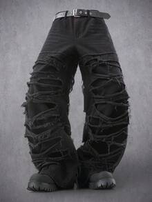 Manfinity Denimwave 男士休闲破洞毛边黑色阔腿牛仔裤 - 黑色 - 查看 3