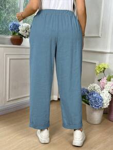 EMERY ROSE Plus Size Women Cotton Fold-Over Waist Tie Casual Pants Fall - Dark Wash - View 2