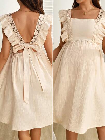 SHEIN Solid Color Square Neck Long Casual Lace Trim Maternity & Nursing Dress