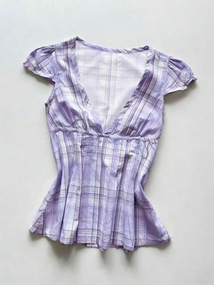 Glimmora V领短袖修身女式上衣 - 紫色 - 查看 1