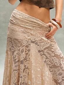 Bohemela Chân váy nữ dáng rộng, màu trơn, chất liệu dệt kim ren, vạt bất đối xứng. - Màu be - Xem 5