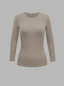 女士纯色圆领罗纹修身休闲T恤 - 杏色 - 查看 3