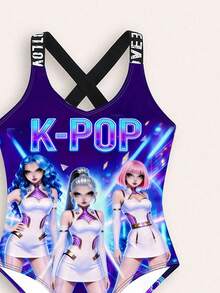 Tween Girl Letter & Portrait Print One-Piece Swimsuit - Multicolor - View 4