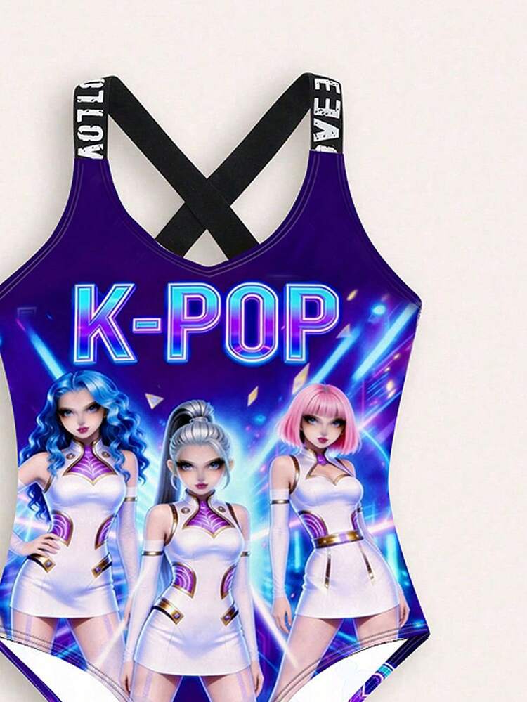 Tween Girl Letter & Portrait Print One-Piece Swimsuit - Multicolor - View 4