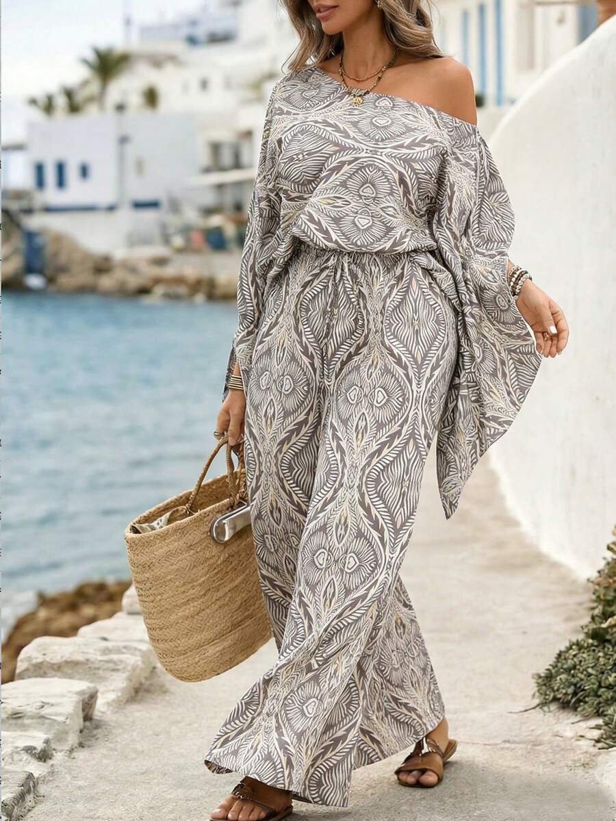 Linhara CURVE 女士加大码金棕色树叶印花露肩蝙蝠袖罩衫+弹力腰阔腿裤宽松休闲舒适度假通勤复古约会假日两件套，百搭春夏新款 - 彩色 - 查看 1