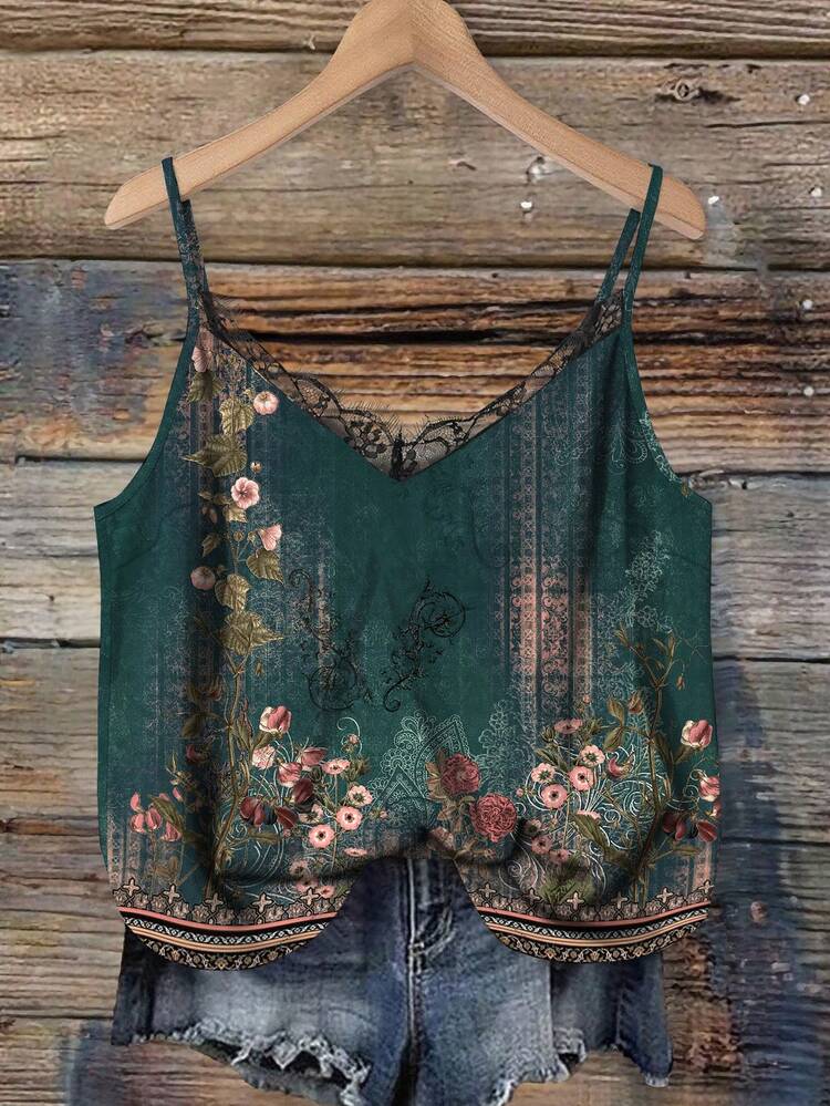 EMERY ROSE Plus Size Women Lace Patchwork Jacquard Casual Versatile Date Night Camisole Top - Multicolor - View 1