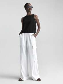 Ontre 2026春夏斯德哥尔摩风格，女士教师套装，女士休闲宽松音乐节套装，度假风，亚麻材质，侧边蝴蝶结装饰，黑色圆领无袖上衣，女士衬衫，商务休闲日常穿着 - 黑色 - 查看 4