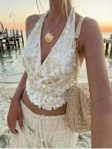 Firerie 女士时尚性感亮片露背吊带背心 - 杏色 - 查看 4