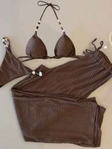 Swim Oasis Bộ đồ bơi 3 mảnh màu nâu đậm dành cho nữ, kiểu cổ yếm, cúp ngực tam giác, đính cườm, khoét rỗng, gợi cảm, thích hợp cho kỳ nghỉ hè, đi biển. - màu nâu - Xem 1