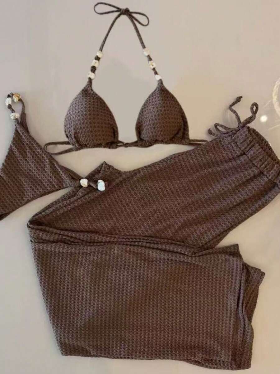 Swim Oasis Bộ đồ bơi 3 mảnh màu nâu đậm dành cho nữ, kiểu cổ yếm, cúp ngực tam giác, đính cườm, khoét rỗng, gợi cảm, thích hợp cho kỳ nghỉ hè, đi biển. - màu nâu - Xem 1