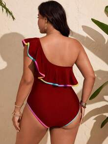 Swim Lushoire Plus Size Women's Ruffled One-Piece Swimsuit, Fashionable For Summer Vacation - Red - View 2