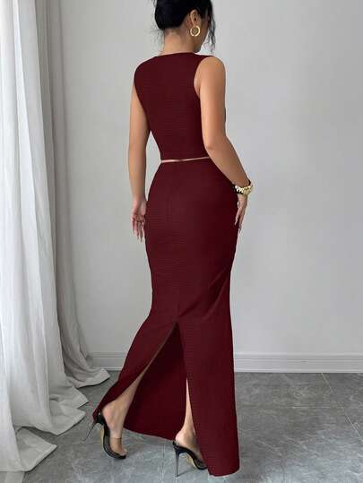 SHEIN Raffinéa Women Summer Red Wine 2-Piece Set,Elegant Autumn Party Textured Knit Top  Metal Buckle Floral Decor Bust Cutout,Cinched Waist & Back Slit Maxi Skirt