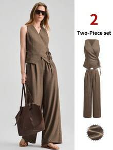Ontre 女士卡其色系带背心上衣，无袖衬衫和裤子套装，优雅正式的婚礼宾客着装，简约浪漫的法式风格，奢华都市时尚商务休闲办公装，高品质机场及邮轮旅行服，中东必备单品，四季皆宜的百搭套装 - 咖啡棕 - 查看 1