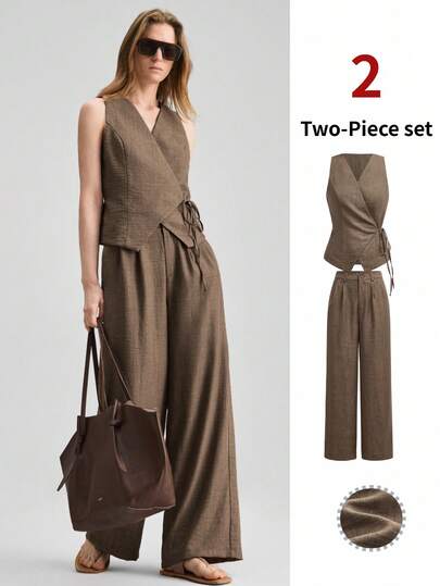 Ontre Conjunto de blusa sin mangas y pantalones con chaleco de mujer en color caqui con cintura anudada, atuendo elegante y formal para invitados de boda, estilo romántico minimalista francés, elegante y urbano para uso casual en la oficina, atuendo de alta calidad para viajes en avión y cruceros, esencial para el guardarropa del Medio Oriente, conjunto versátil para las 4 estaciones