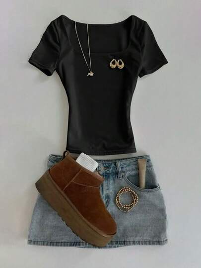 Glimmora Camiseta de manga corta con cuello cuadrado, estilo minimalista y casual de verano, adecuada para uso diario, escuela y transporte. Simple y versátil, con estilo retro de los años 2000.