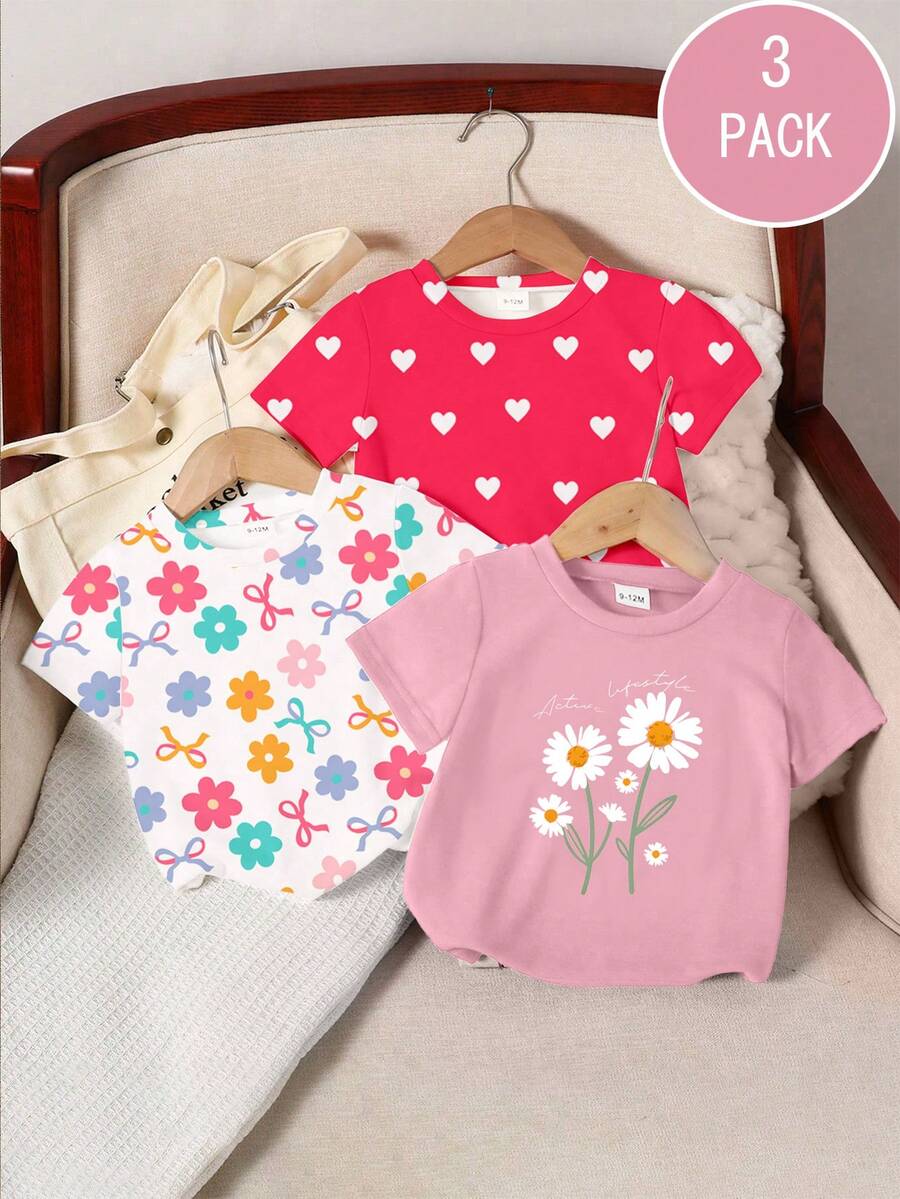SHEIN 3件套女婴上衣,白色、玫瑰红、粉色,印有爱心、花朵、蝴蝶图案,适合外出、春、夏、秋季、日常百搭,花卉图案,乡村度假休闲舒适套装 - 彩色 - 查看 1
