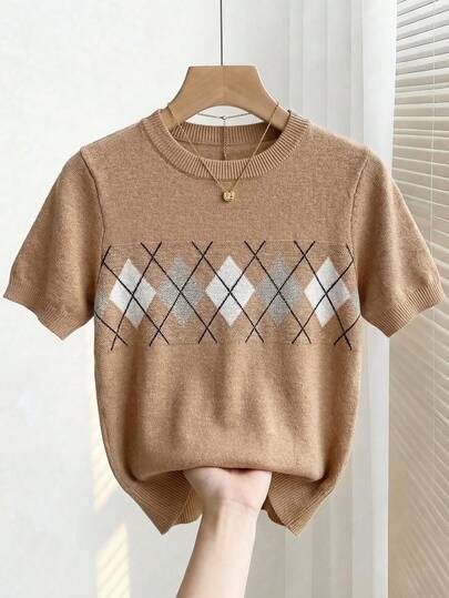 Franclia Women's Retro Multi-Colored Diamond Pattern Round Neck Casual Knit Top, Suitable For Women's Summer Wear, Outdoor Wear, Beach Wear, Vacation Wear, Spring Wear, Casual Summer Tops, Knit Tops, Diamond Pattern Tops, And Work Wear.Graduation Season Attire, Fashionable Casual Commuter Wear, Business Office Wear, Versatile And Stylish Everyday Casual Wear, Urban Teacher's Professional Attire