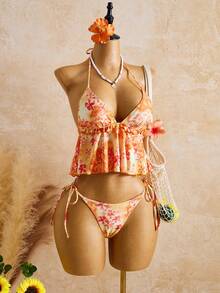 Bellisia Bộ bikini mùa hè mới dành cho nữ, họa tiết hoa nhuộm tie-dye, kiểu dáng ngọt ngào dễ thương, áo tắm tankini hai dây hở lưng gợi cảm, thích hợp cho bãi biển và kỳ nghỉ. - Nhiều màu - Xem 9