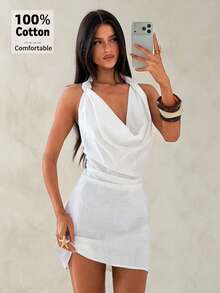 Aloruh Vestido mini de mujer con escote pronunciado y espalda descubierta, para el verano - Blanco - Ver 3