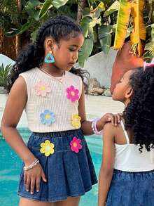 Elladie kids Conjunto de 3 piezas para niñas pequeñas: Blusa sin mangas con aplicación floral elegante y casual + Camiseta blanca simple y cómoda + Falda vaquera casual - Multicolor - Ver 4