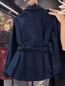 SHEIN Franclia Women's Fashionable Casual Waist Cinched Trench Coat - Navy Blue - View 2