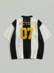 ROMWE MEN Men's Street Style Black & White Contrast Mesh Short Sleeve Knit Top - Black and White - View 3