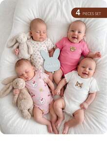 4件套新生女宝宝夏季可爱针织卡通兔子和碎花连体衣套装 - 彩色 - 查看 8