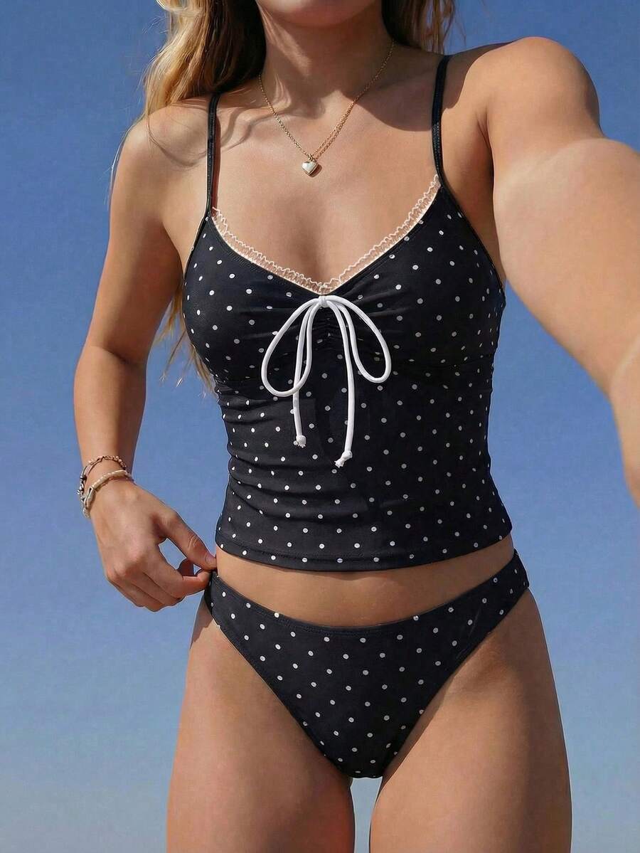 Swim Mod 女士蕾丝波点扭结吊带背心式比基尼套装，含三角裤，适合外出、海滩、下午茶野餐、派对等场合。 - 黑與白 - 查看 1