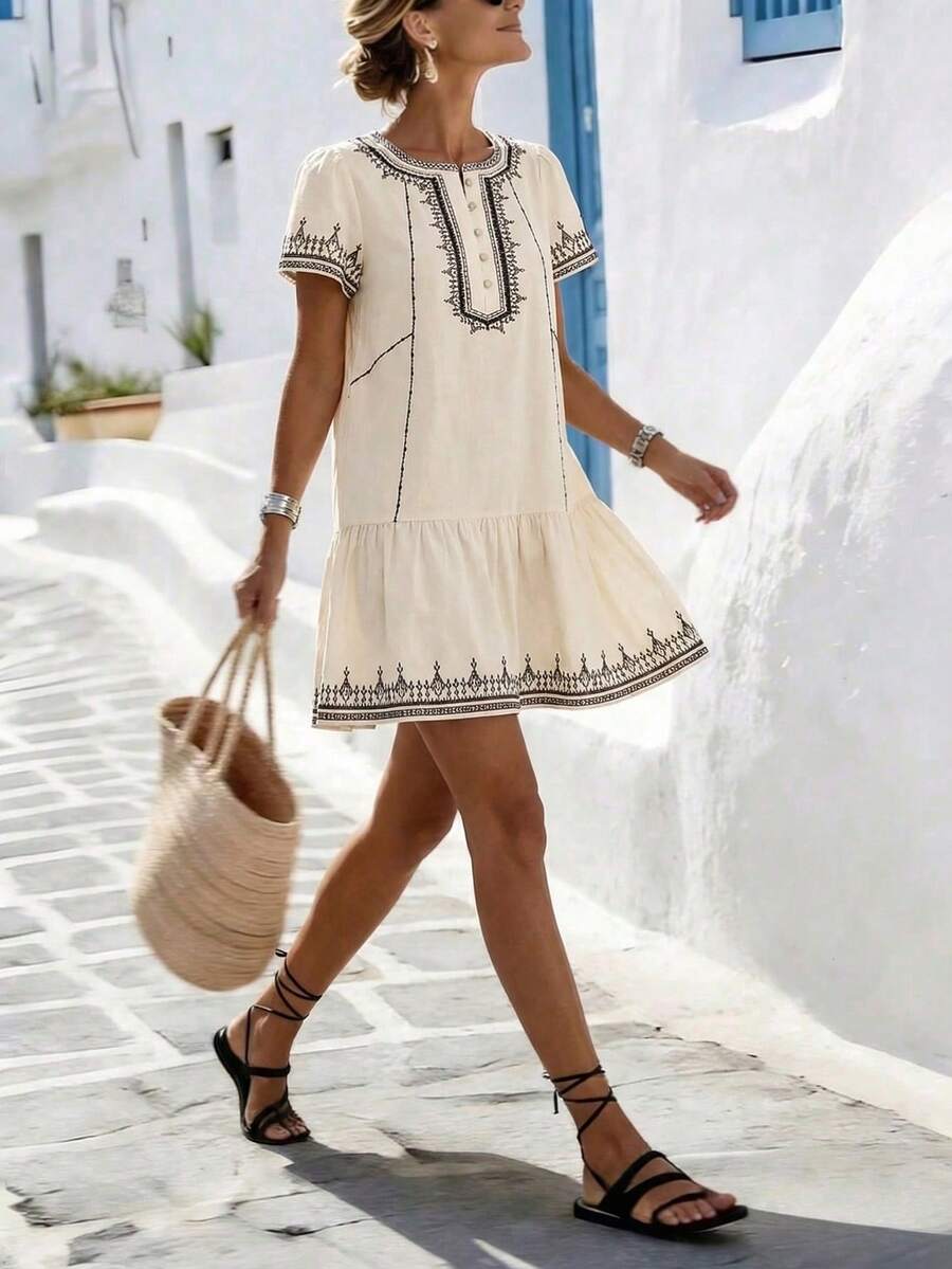 Breezaya 女士休闲圆领撞色印花纽扣装饰短袖连衣裙，适合春夏假期穿着 - 杏色 - 查看 1