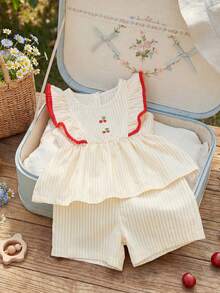 Souflis Souflis Novo Verão Francês Menina Bebê Pêssego Pálido Listrado Design Bordado de Cereja Adorável Babado Recorte Contraste Cor Recorte Combinando Shorts Listrados Macio Adequado para Escola, Brincadeira, Compras e Outras Ocasiões - Damasco - Visão 3