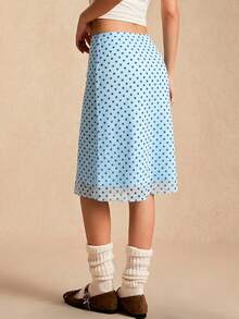 Easelle Chân váy lưới chấm bi Xuân/Hè 2026, lưới màu xanh dương, phong cách retro thường ngày. - Màu xanh lam - Xem 2