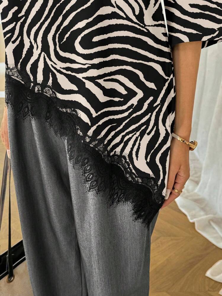 SHEIN LUNE 女士休闲纯色动物纹不对称下摆蕾丝拼接T恤，百搭日常穿着，春夏休闲上衣，适合度假、夏季、春季、春假及各种场合，包括沙滩装、休闲衬衫、外套和夏季上衣。 - 彩色 - 查看 4