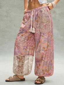 Bohemela Women's Casual Loose Drawstring Waist Pants - Pink - View 4