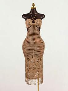 SaltGleam SaltGleam Women's Summer Vacation Hollow-Out Sequin Fringe Hem Halter Knit Dress - Khaki - View 1