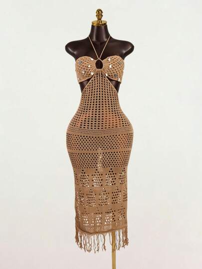 SaltGleam SaltGleam Women's Summer Vacation Hollow-Out Sequin Fringe Hem Halter Knit Dress
