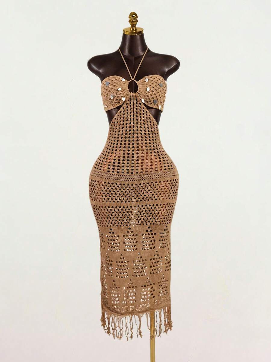 SaltGleam SaltGleam Women's Summer Vacation Hollow-Out Sequin Fringe Hem Halter Knit Dress - Khaki - View 1