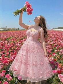 SHEIN MOD 大码女式粉色刺绣吊带连衣裙 - 粉色 - 查看 2