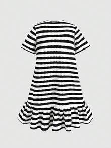 女童针织条纹心形图案圆领连衣裙 - 黑色 - 查看 2