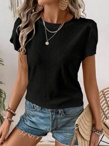 SHEIN LUNE Áo thun nữ tay ngắn cổ tròn màu trơn dáng casual - màu đen - Xem 6