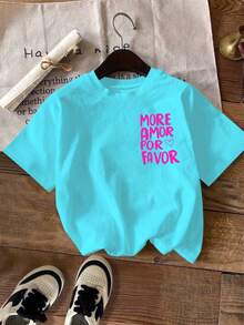 EMERY ROSE Áo nữ mùa hè thời trang, phong cách thường ngày, in hai mặt, mang thiết kế cổ điển với họa tiết trái tim và sọc. Áo thun cổ tròn tay ngắn, chất liệu trơn, in chữ "MORE AMORE PER". - Màu xanh lam - Xem 2