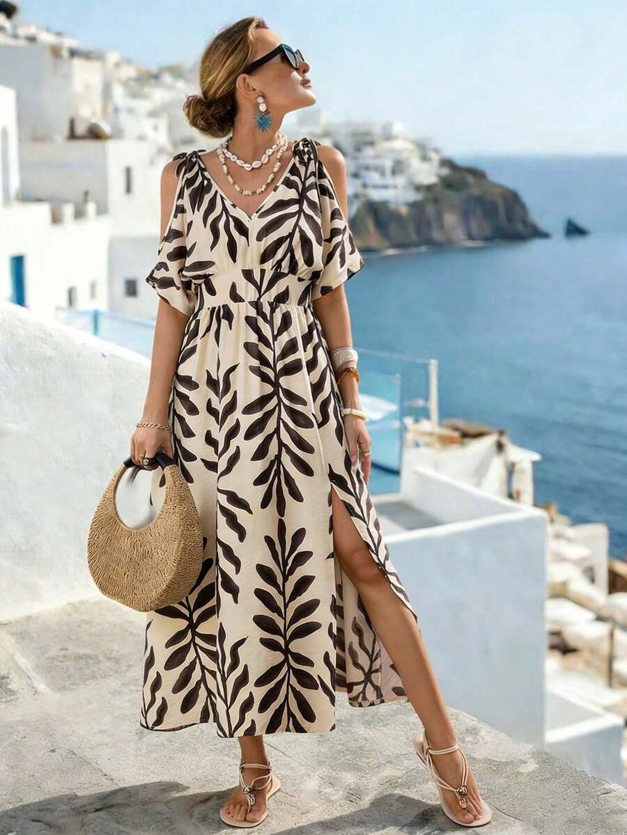 SHEIN Holidaya 休闲度假风深V性感露肩高腰露背蝴蝶结V领镂空细肩带开衩宽松修身长裙，春夏女装夏季连衣裙，女士夏季穿搭，女士长裙，女士休闲连衣裙，女士度假连衣裙