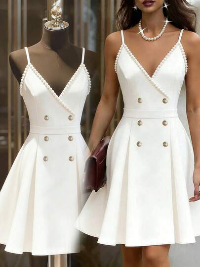 Franclia White Satin Pearl Decor Spaghetti Strap V-Neck Dress, Double-Breasted Waist Pleated A-Line Mini Skirt, Elegant Party Cocktail Dress, Slim-Fitting Camisole Dress, French Chic Lustrous Design Niche Formal Gown White Pearl Dress White Classy Dress Short White Dress White Cocktail Dress White Vintage Dress