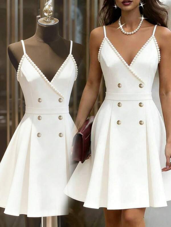Ellegaria. 白色缎面珍珠装饰吊带V领连衣裙，双排扣腰部褶裥A字迷你裙，优雅派对鸡尾酒礼服，修身吊带连衣裙，法式别致光泽设计小众正式礼服