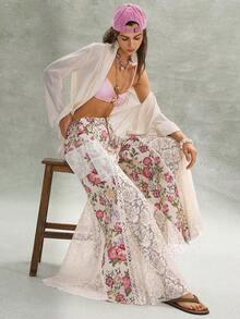 Bohemela BOHO Countryside Vacation Casual Pink Ditsy Floral Contrast Lace Loose Wide Leg Low Waist Women Pants - Khaki - View 5