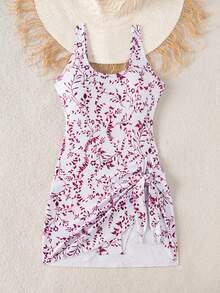 SHEIN Swim Lushore 女士度假沙滩植物印花连体泳衣 - 酒紅色 - 查看 5